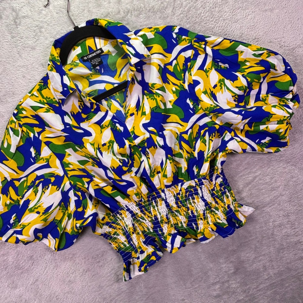18 Centimeters Womens Top Sz XL Blue Yellow Abstract Smocked Puff Sleeve‎ Blouse